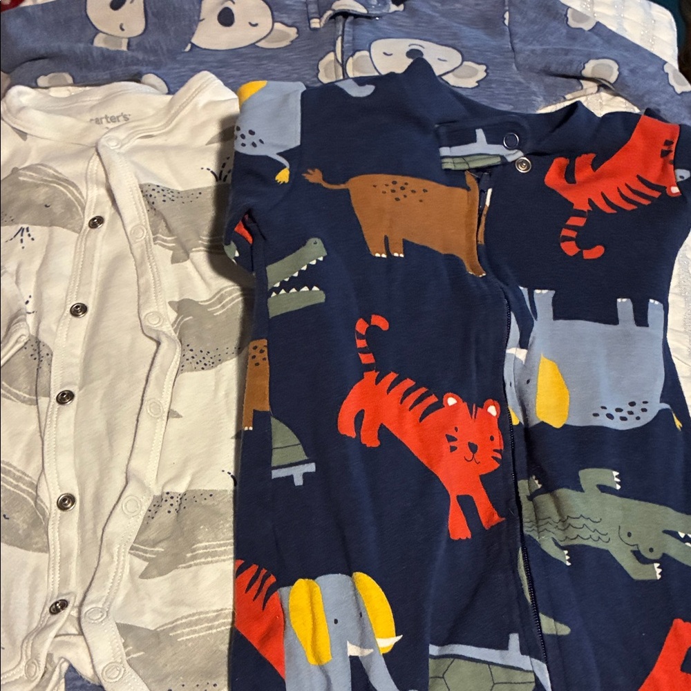 Carter's Kids Long Sleeve Pajama 3 Sets- Blue & White w/Animal Prints, all 9 Mon
